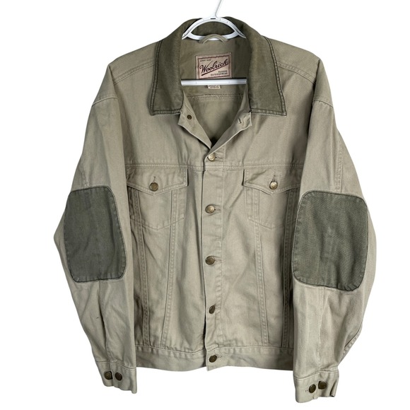 Woolrich Other - Vintage‎ Woolrich Mens Jean Jacket Medium Beige Button Up Padded Elbows Cotton